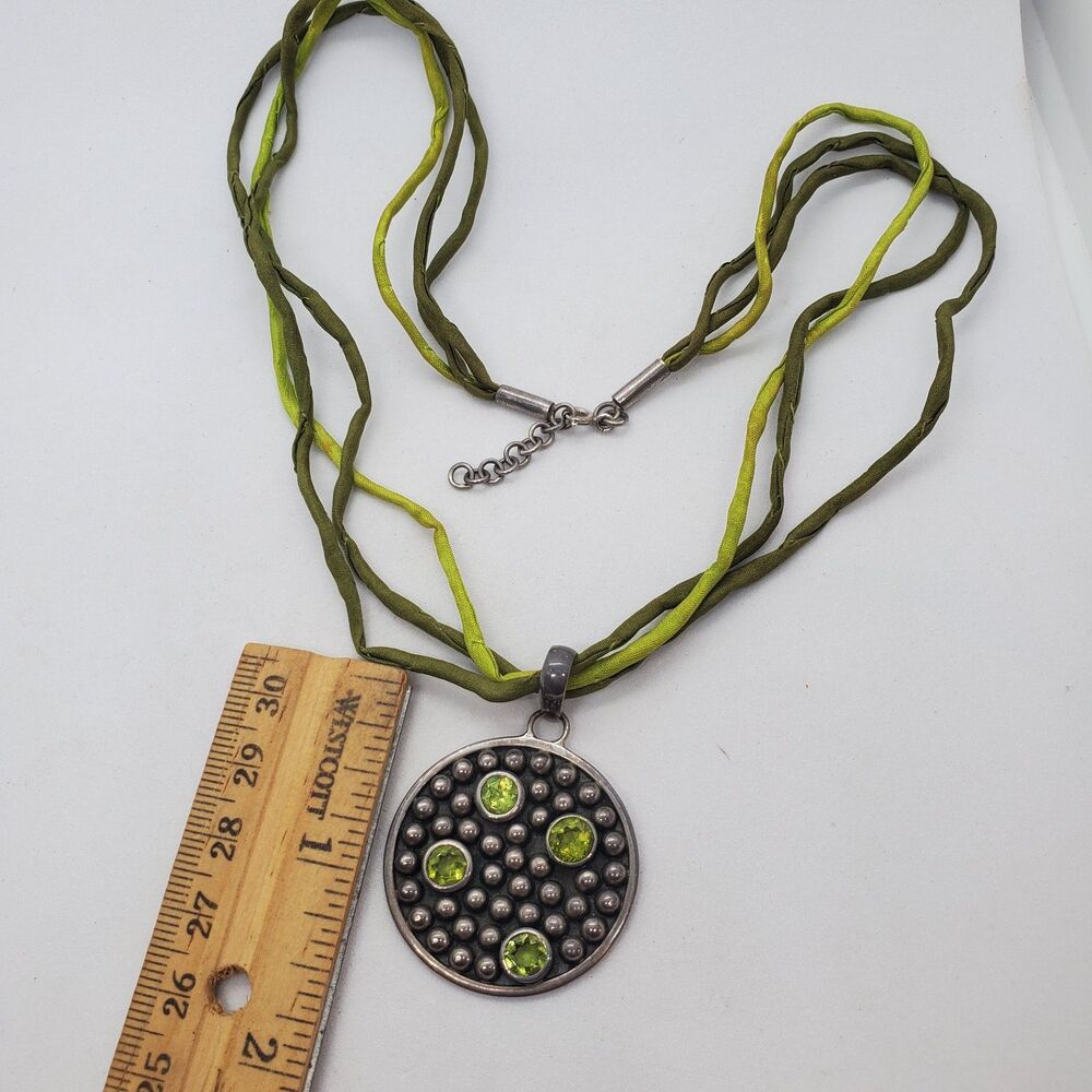 Sterling Silver and Peridot Pendant on Sterling and Fabric Necklace 16 to 18"